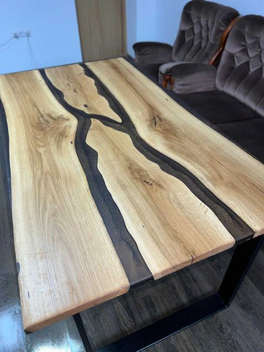 Masă living din lemn masiv stejar,bronze+rasina epoxidică,handmade