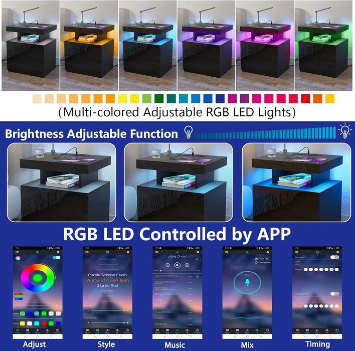 Нощно шкафче лед LED  2 контакта, 2 USB портове, модерно нощно шкафче