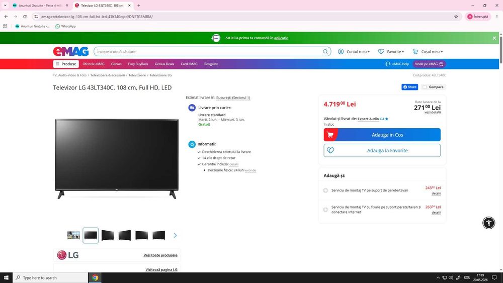 TV LED LG 109 cm - Garantie + suport perete