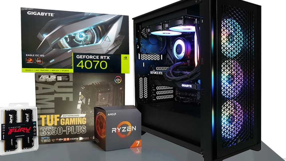 unelte si piese de calitate 32gb Ryzen 5700x RTX 4070 Asus b550 plus ssd 1tb adata si surs 1000w Gold Garantie Septembrie 2027