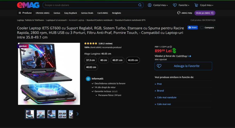 Cooler Laptop IETS GT600, RGB, Sistem Turbo, Memory Foam