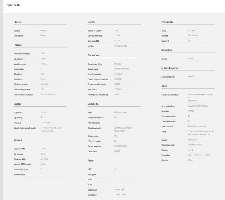 Laptop Lenovo Legion, 16", Ryzen 5 7640HS, 16GB RAM, RTX 4060,garantie