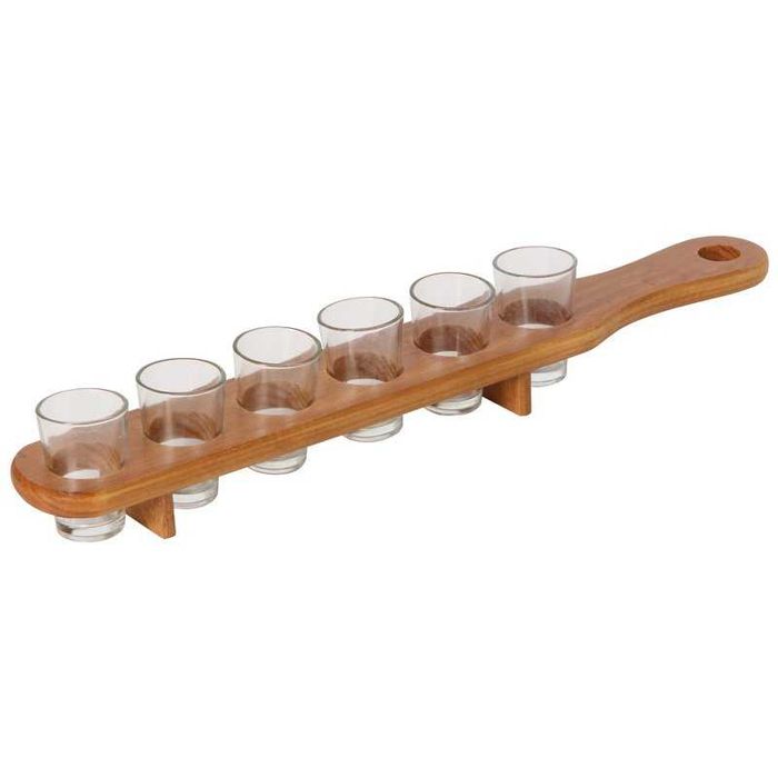 Set suport de bauturi din lemn cu 6 pahare shot, 4 cl, maro