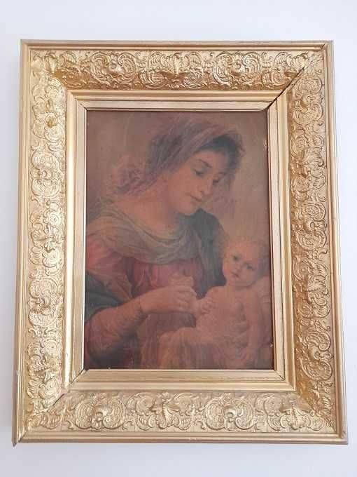 Icoana veche,  litografie pe carton, rama venetiana
