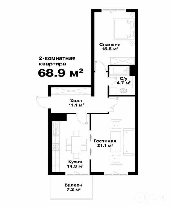 2-х комнатная в ЖК «O'z mahal» ID: 8031