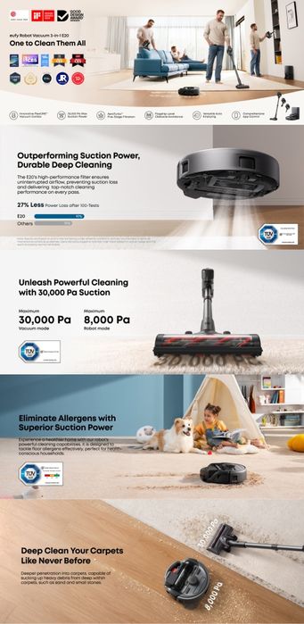 Aspirator robot eufy E20 3-in-1, 8.000Pa/30000Pa, Statie Auto-Golire