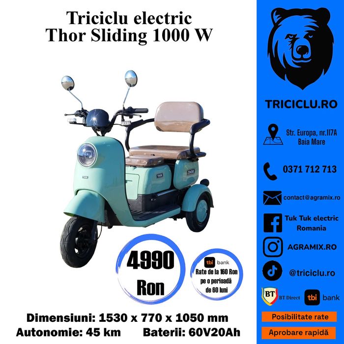 Triciclu electric THOR SLIDING nou motor 1000 W Agramix