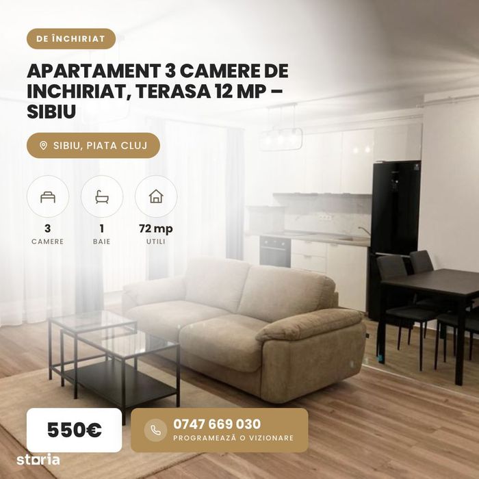 Apartament 3 camere de inchiriat, terasa 12 mp – Sibiu