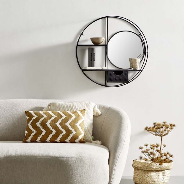 70см! Стенна етажерка с огледало и чекмедже