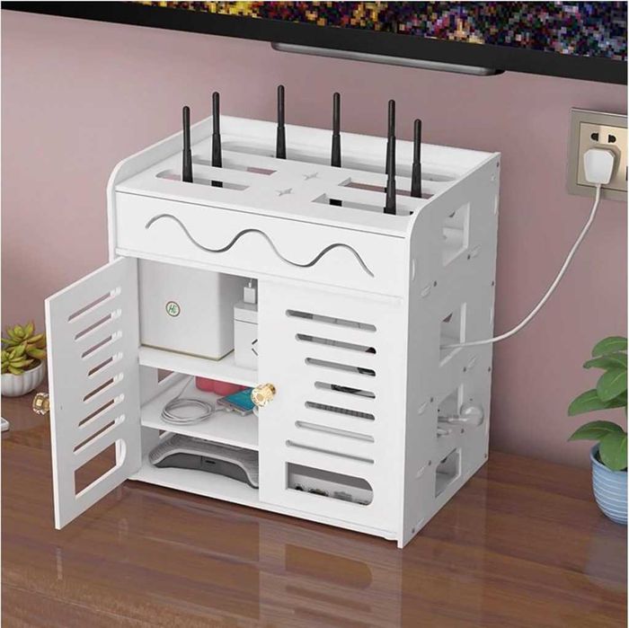Органайзер шкаф за Wi-Fi рутер и кабели – 3 нива, бял дизайн