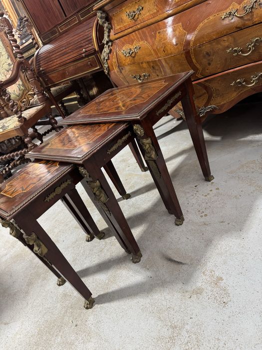 Set 3 masute empire din lemn cu intarsii si elemente bronz