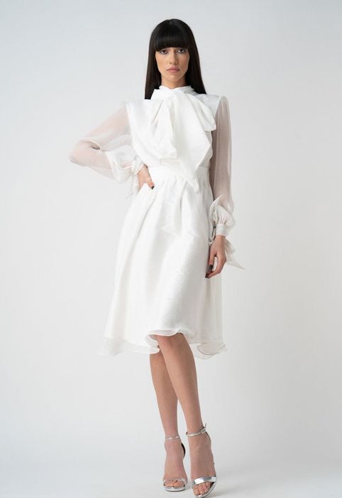 Rochie cununie -albă midi, mătase naturală, mărime S