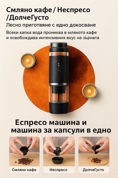 Преносима кафе машина 2 в 1 – за мляно кафе и капсули