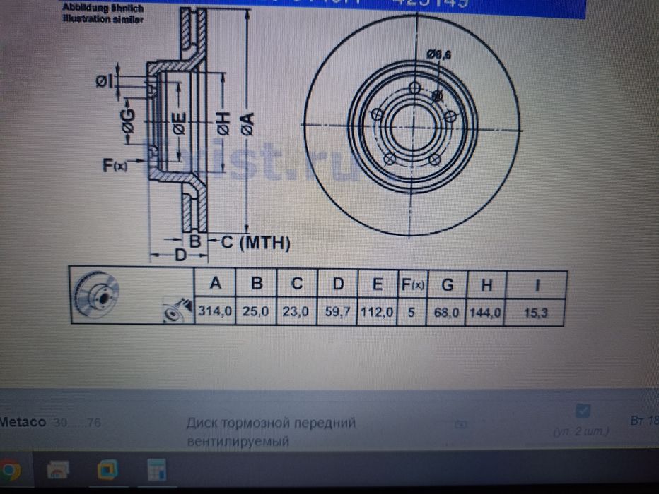 Тормозные диски передние Audi A6 C6 314мм