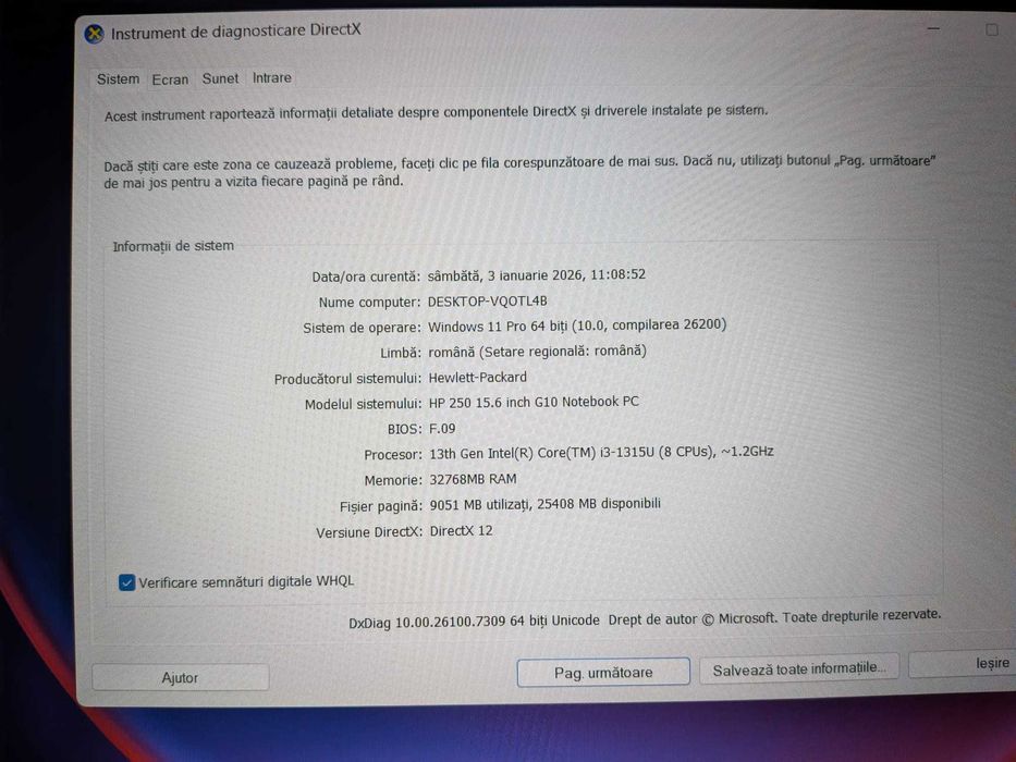 Laptop HP 250 Intel® Core™ i3-1315U pana la 4.50 GHz, 32 GB ram