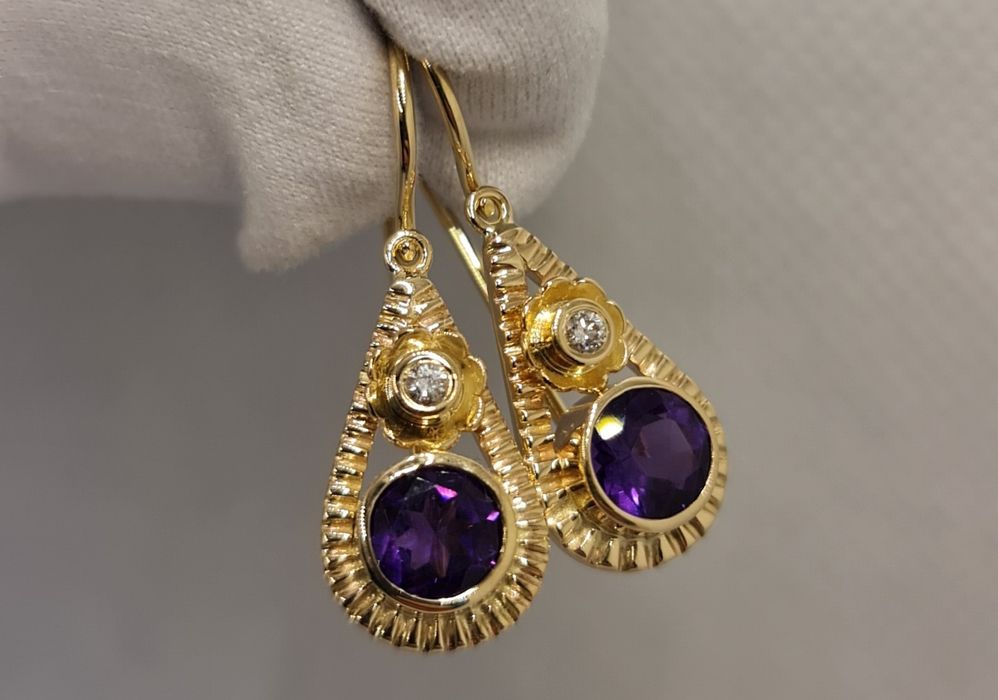Cercei din aur galben 14k cu diamante și ametist natural