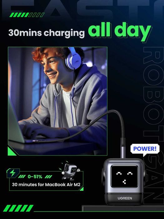 UGREEN Uno 65W (Black)Зарядка в форме робота для ноутбуков и телефонов