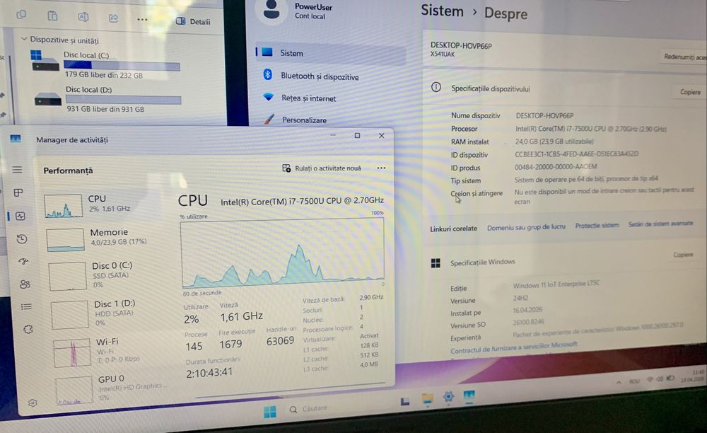 Laptop ASUS i7 24GB RAM SSD+1TB Windows 11 Office 4K USB-C Geanta Cadou