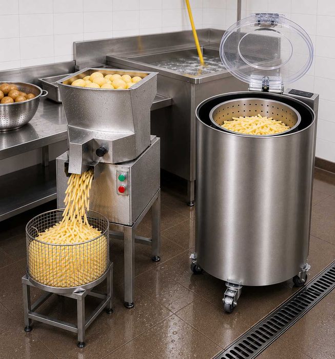 LINIE PROFESIONALĂ PENTRU PRODUCȚIA ȘI AMBALAREA CARTOFILOR TIP FRENCH FRIES – SPĂLARE, CURĂȚARE, TĂIERE, USCARE ȘI VIDARE