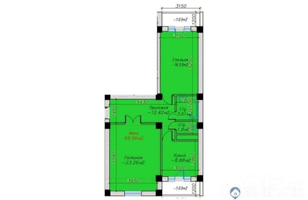 GULOBOD DREAM HOUSE | 2-КОМН. | 70 М² | 6/9 ЭТАЖ |Шайхонтохур| коробка