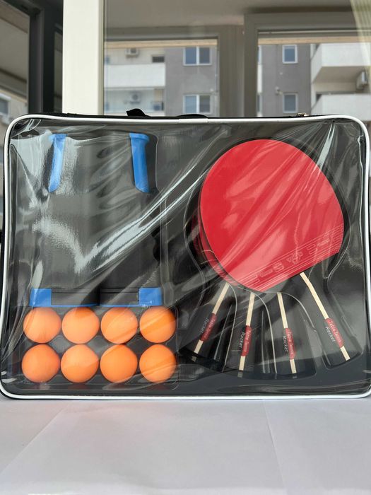 Set Complet Ping Pong, 4 Palete Tenis de Masa 8 Mingi, Fileu si Geanta