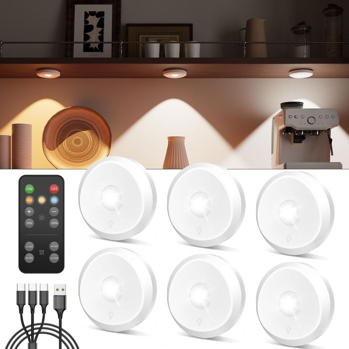 Set 6 lămpi Puck LED sub dulap, reîncărcabile + telecomandă – Albe