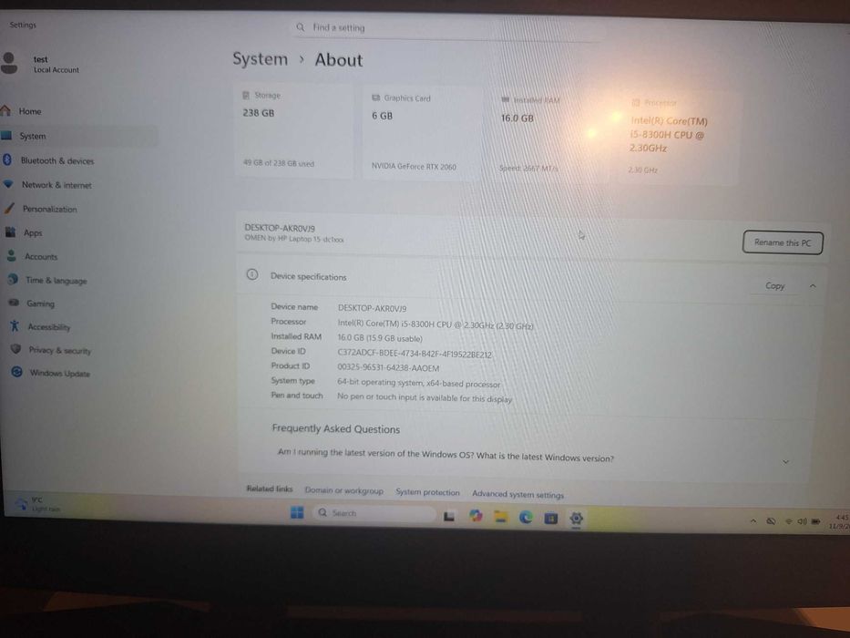 Laptop Gaming Omen HP, i5 4.0GHz,  Full HD, 16GB, 256GB, RTX 2060 6GB