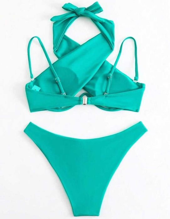 Costum baie 2 piese incrucisat turcoaz