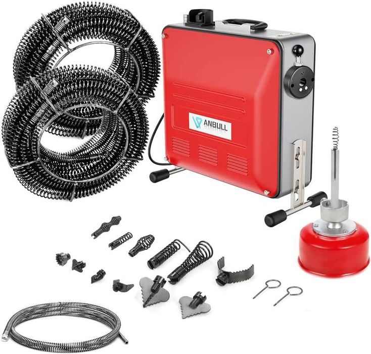 Mașină electrică Profesionala Anbull pentru desfundat țevi, 850 W, cu spirale de 14 m×22 mm, 14,5 m×16 mm și 5m ×10 mm