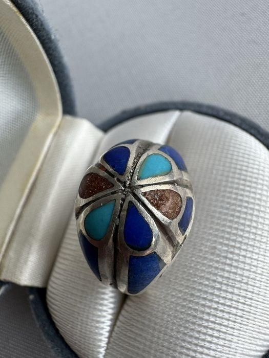 Inel din argint, lapis lazuli, turcoaz si piatra soarelui