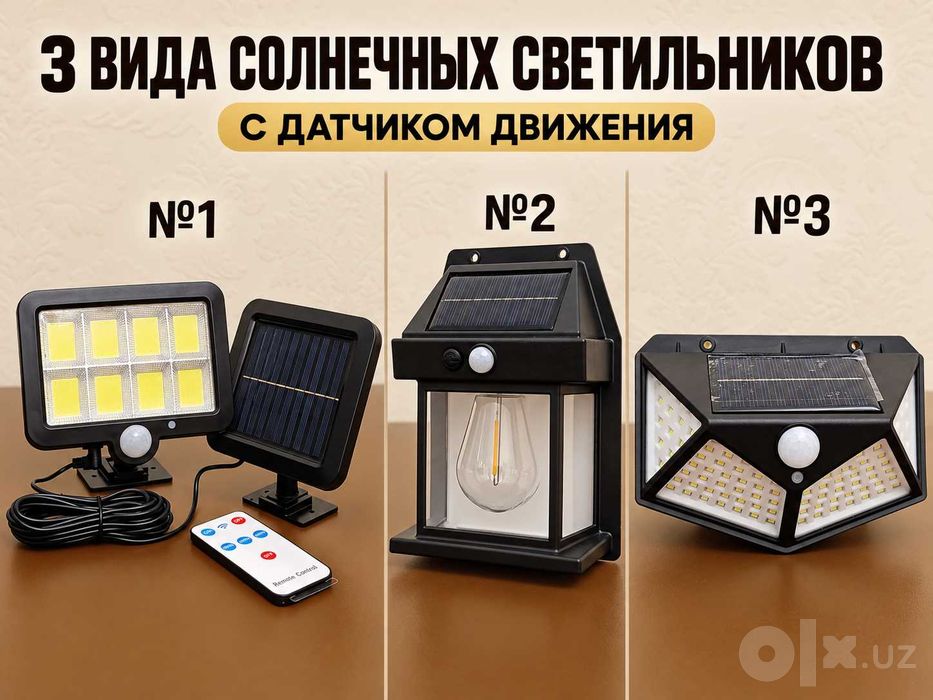 Уличные светильники на солнечной батарее - 3 вида, датчик движения