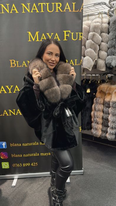 Haina din alcantara cu vizon si guler din vulpe polara