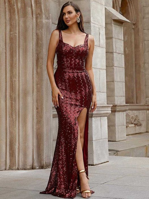Официална дълга пайетена рокля с цепка във виненочервен цвят S и М р.