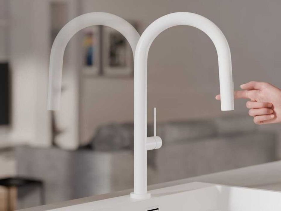 Бял смесител за кухня с изтегляща глава, 2 режима на струя - 9020