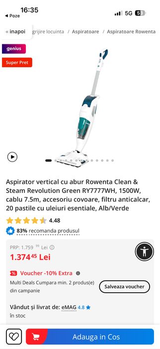 Aspirator vertical cu aburi ROWENTA Clean&Steam Revolution Green RU77W