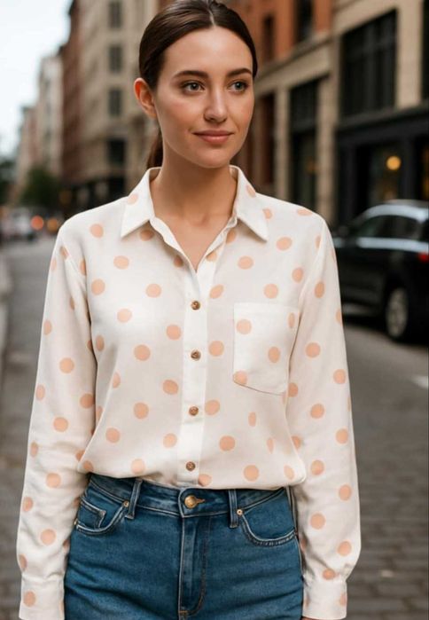 Сатенена риза на точки с дълъг ръкав