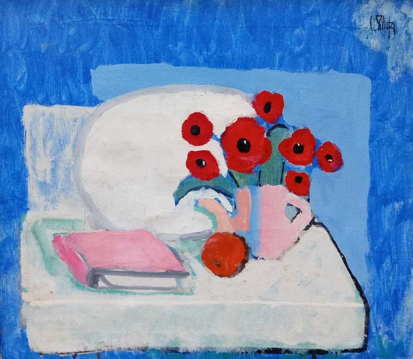 Tablou vechi - ulcior cu maci - semnat C. Piliuta