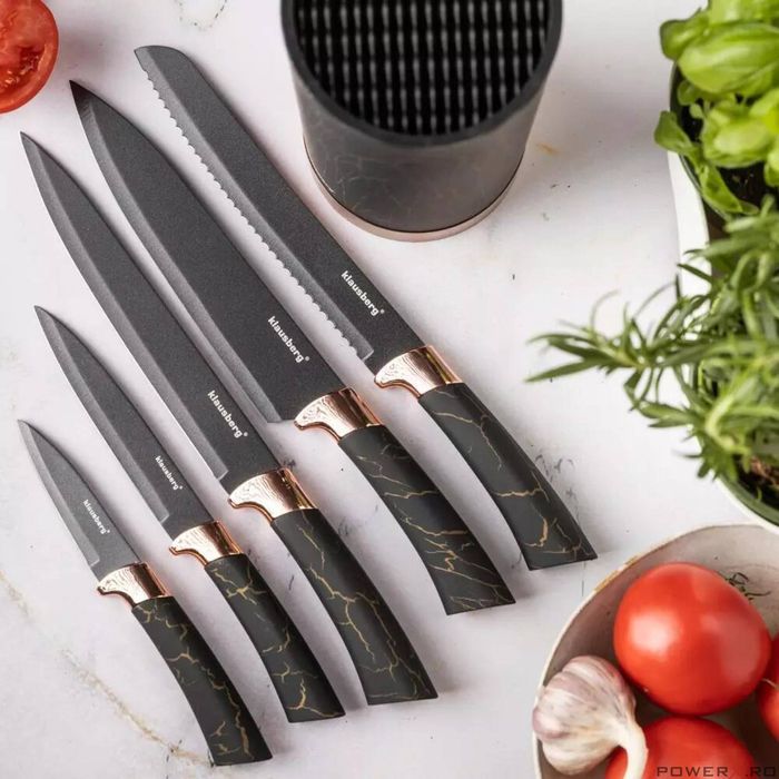 Cutite de bucatarie cu suport, set de 5, negre, cu model maro,