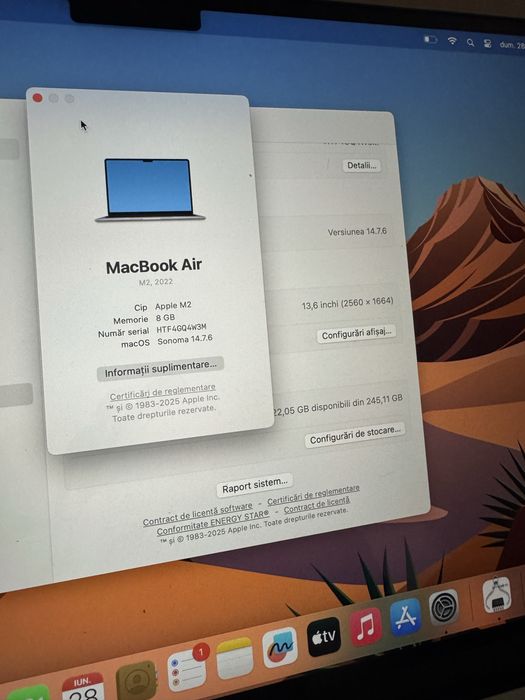 Laptop Apple MacBook Air M2, 8GB RAM, 256GB SSD, baterie 100%