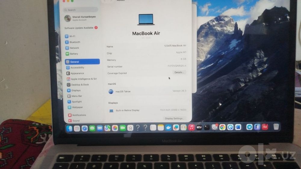 Macbook air m1  
xotra 8/256 
batareka 77 yomkist  
karopka dakumint