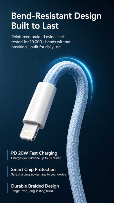 Cablu USB-C la Lightning 20W ROZ/ALBASTRU Brodat 2M lungime – încărcare rapidă iPhone