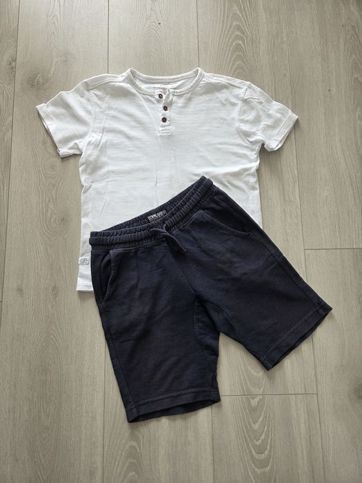 Set băiat vară tricou alb Reserved + pantaloni scurți bleumarin bumbac 134–140 cm