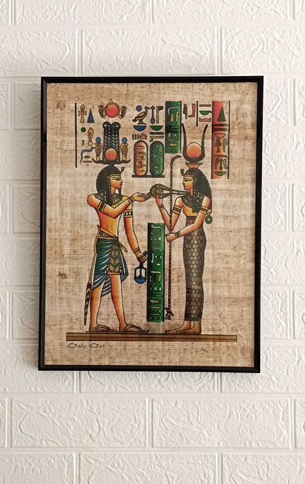 Papirus egiptean autentic — Hathor și Isis, Zeițele Divine - papirus înrămat