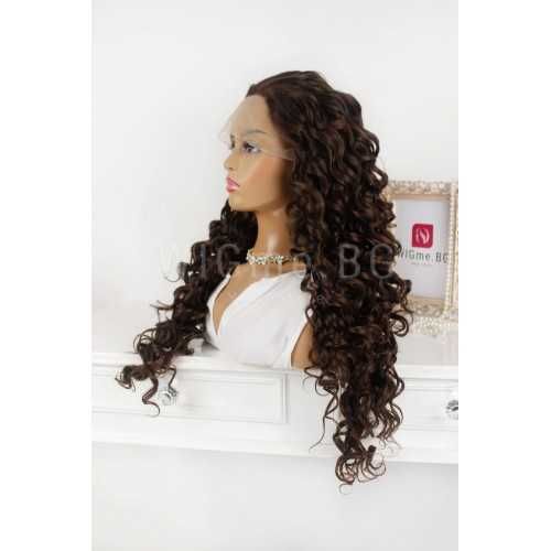 Дълга къдрава тъмнокестенява лейс фронт перука Пенелопе