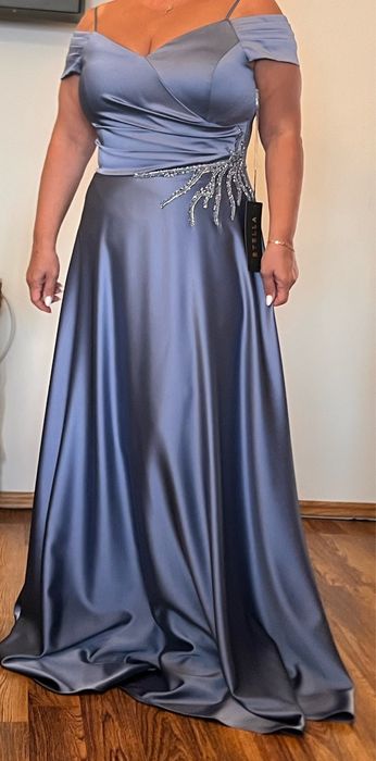 Rochie albastru gri de seara eleganta cu strasuri de cristal