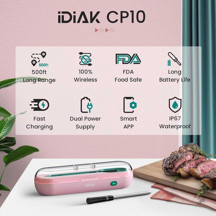 Termometru Carne Wireless IDIAK CP10 - 150m Bluetooth - Roz