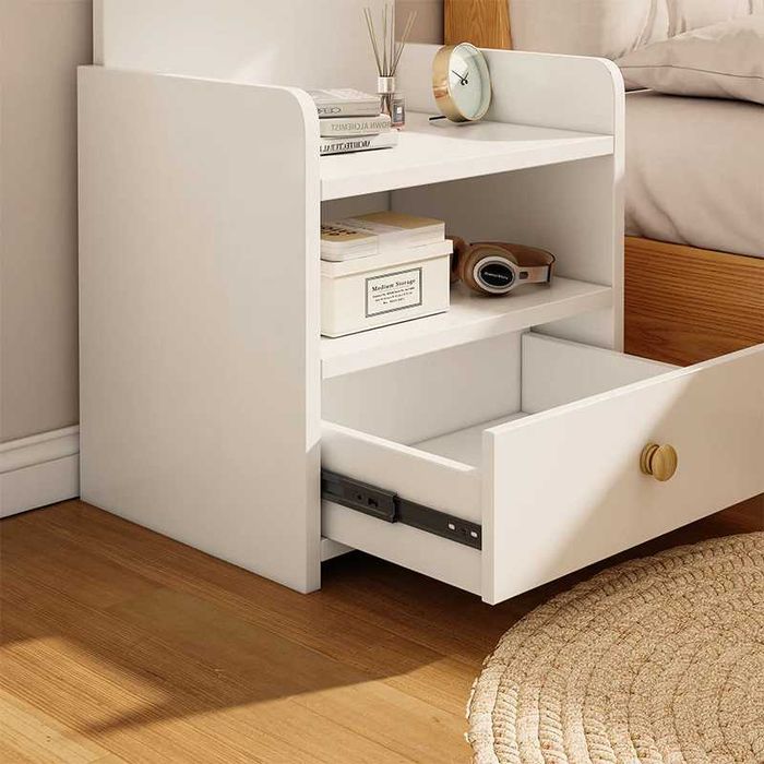 Noptiera moderna cu sertar si 3 polite, 33x26x60cm, alba