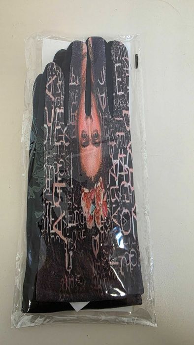 Mănuși damă touchscreen cu portret stil Frida Kahlo – negre, 23×8 cm