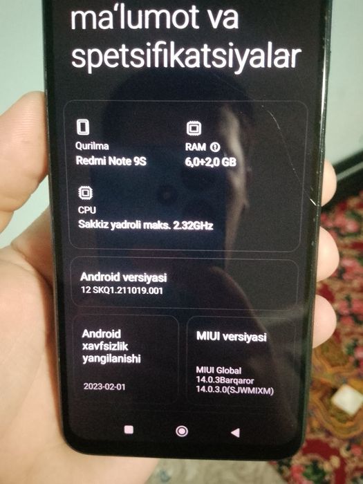 Redmi not 9s sotiladi. Holati edial 6+2 128 hotira dak karobkasi bor