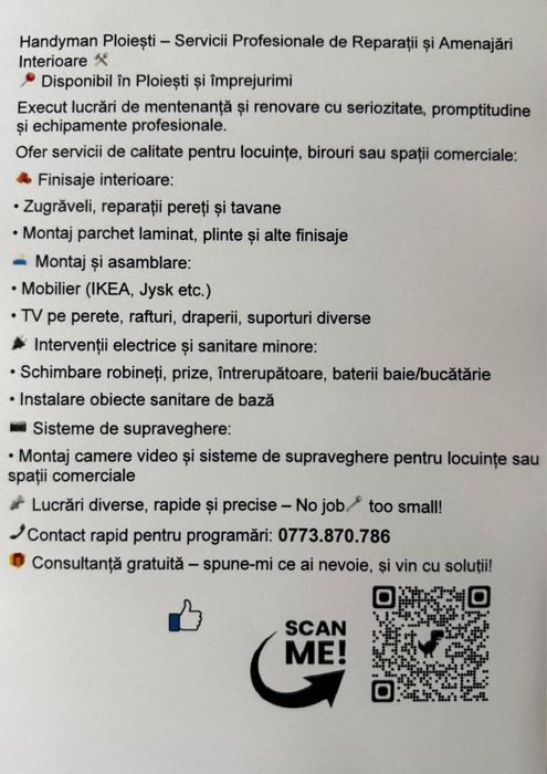 Servicii Handyman zugravit/parchet/prize/baterii/camere/montaj mobila